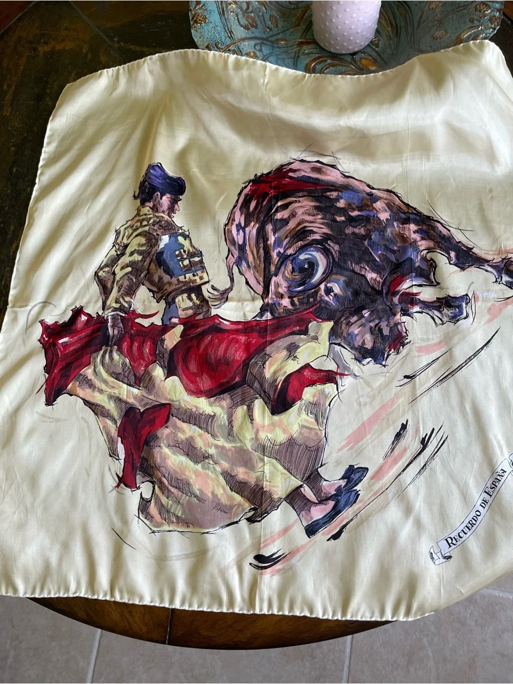Rare Vintage Cream Silk Scarf with Bullfighting Matador Illustration 25”x 26”